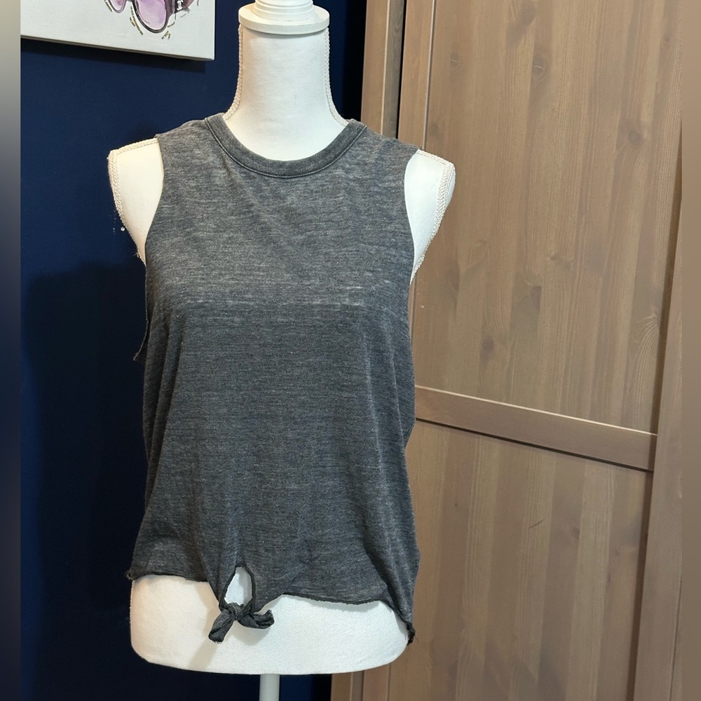 Chaser Gray Tie Front Sleeveless Tank Distressed Rocker Vintage Vibe Large NWT